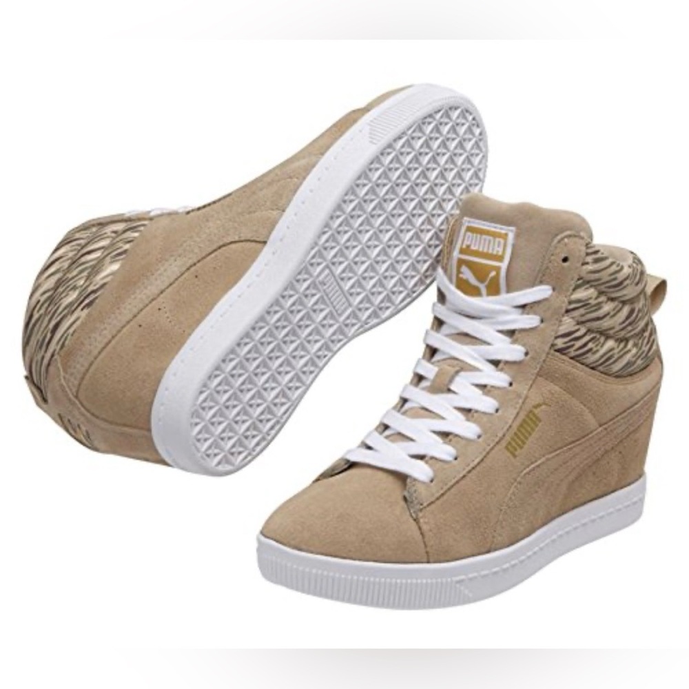 NWOT Puma Women’s Beige Suede High-Top Sneakers with White Sole